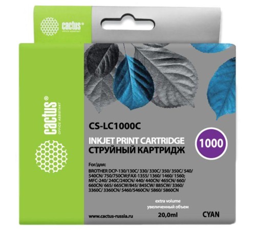 -/ Картридж струйный Cactus CS-LC1000C голубой (20мл) для Brother DCP 130C/330С/MFC-240C/5460CN