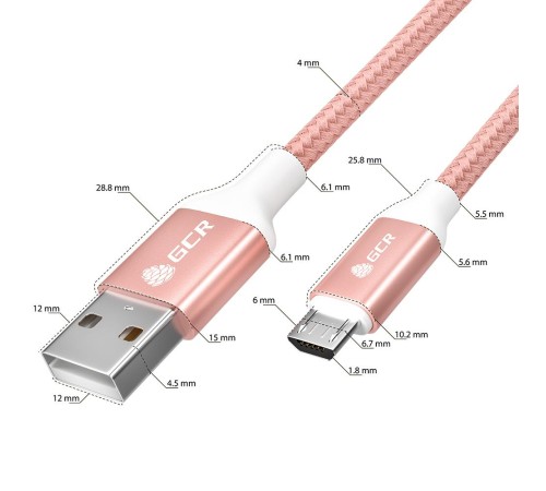 GCR QC Кабель 1.5m MicroUSB, быстрая зарядка, розовый нейлон, AL корпус розовый, белый ПВХ, 28/24 AWG, GCR-52474