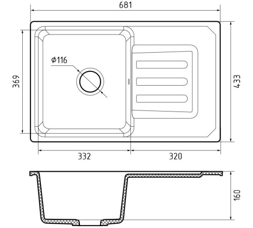 Кухонная мойка GRANFEST 680 L beige 1-чаша+крыло 681*433 мм, монтаж: врезной, материал: мрамор, цвет: бежевый