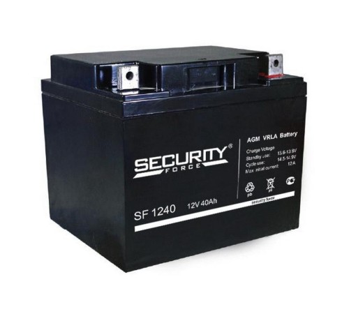 Аккумуляторная батарея/ Battery SECURITY FORCE SF series, SF 1240, voltage 12V, capacity 40Ah (discharge 20 hours), max. Discharge current (5 sec.) 48A, max. charging current 12A, lead-acid AGM type, terminals for nut and bolt M6, LxWxH 197x165x170mm., we