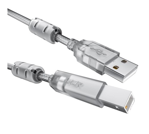 GCR Кабель PROF 1.5m USB 2.0, AM/BM, прозрачный, ферритовые кольца, 28/24 AWG, экран, армированный, морозостойкий, GCR-52422