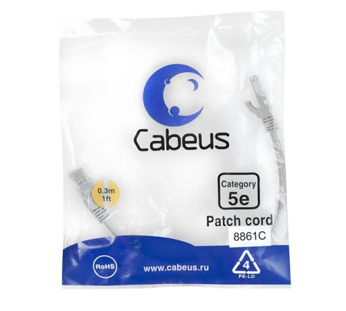 Cabeus PC-UTP-RJ45-Cat.5e-0.3m-LSZH Патч-корд U/UTP, категория 5е, 2xRJ45/8p8c, неэкранированный, серый, LSZH, 0.3м Cabeus PC-UTP-RJ45-Cat.5e-0.3m-LSZH Патч-корд U/UTP, категория 5е, 2xRJ45/8p8c, неэкранированный, серый, LSZH, 0.3м