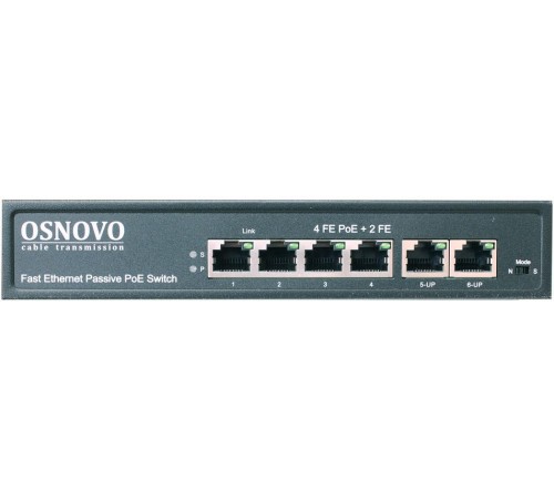 Коммутатор/ OSNOVO Passive PoE коммутатор 6 портов, 4 PoE порта 10/100 Base-T, 2*10/100 Base-T Uplink, до 30W на порт