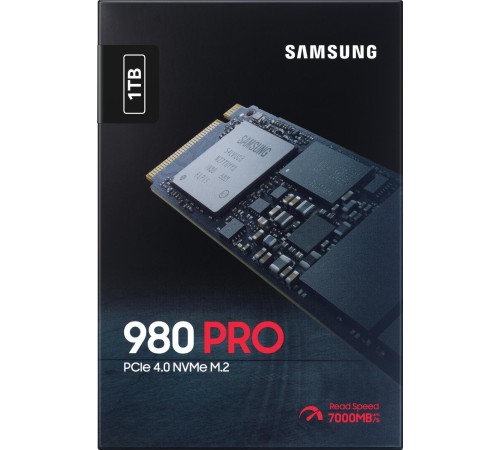 Твердотельные накопители/ Samsung SSD 980 PRO, 1000GB, M.2(22x80mm), NVMe 1.3c, PCIe 4.0 x4, 3-bit MLC, R/W 7000/5000MB/s, IOPs 1 000 000/1 000 000, DRAM buffer 1024MB, TBW 600, DWPD 0.33, with Heatsink (12 мес.)