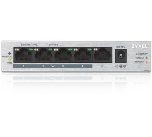 Коммутатор/ ZYXEL GS1005HP Switch PoE +, 5xGE (4xPoE +), desktop, metal, silent, PoE budget 60 W