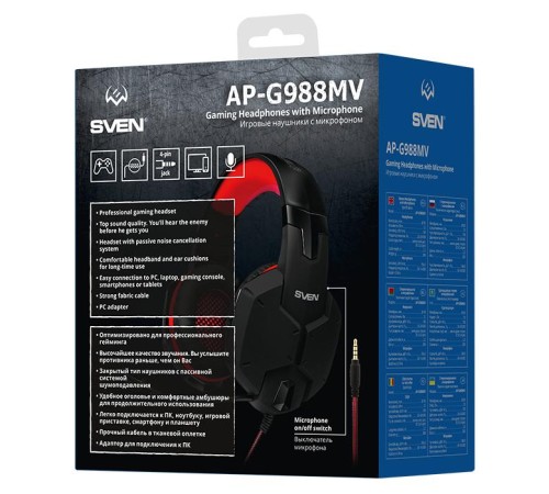 Игровые стереонаушники с микрофоном SVEN AP-G988MV, черный-красный Игровые стереонаушники с микрофоном SVEN AP-G988MV, черный-красный