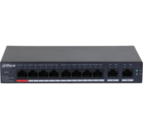 8-портовый PoE коммутатор с функцией облачного управления, Порты: 8 RJ45 10/100Мбит/с (PoE/PoE+/Hi-PoE) 2 RJ45 10/100/1000Мбит/с (uplink); мощность PoE: порт 1 до 90Вт порты 28 до 30Вт суммарно до 110Вт; PoE watchdog передача до 250м; питание: 57В(DC)