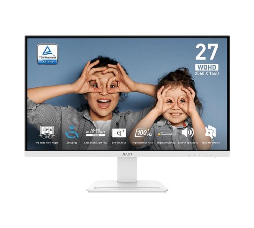 Монитор MSI PRO MP273QW E2 27" 16:9 WQHD(2560x1440)IPS Flat,1ms(MPRT),1300:1,100M:1,400nit,178/178,2xHDMI ,1xDP,Speaker,Tilt,VESA,100Hz,White, 1y w-ty