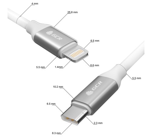 GCR Кабель 0.5m TypeC/Lightning MFI POWER DELIVERY 18 W, быстрая зарядка, белый силикон, AL корпус серебро, белый ПВХ, GCR-52359