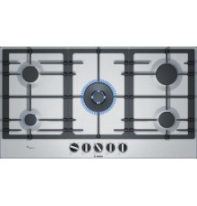 Встраиваемая варочная панель BOSCH Serie 6, газовая варочная панель,90 см,нержавеющая сталь, 5 конфорок, 1 WOK-конфорка c 2 контурами пламени, 1 конфорка повышенной мощности ,чугунные решетки,газ-контроль, автоматический электроподжиг, сделано в Испании