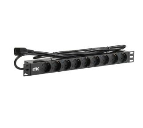 PDU 9 розеток DIN49440 (нем. cтанд.) 1U, шнур 2м вилка IEC 320 C14, алюминиевый профиль, черный
