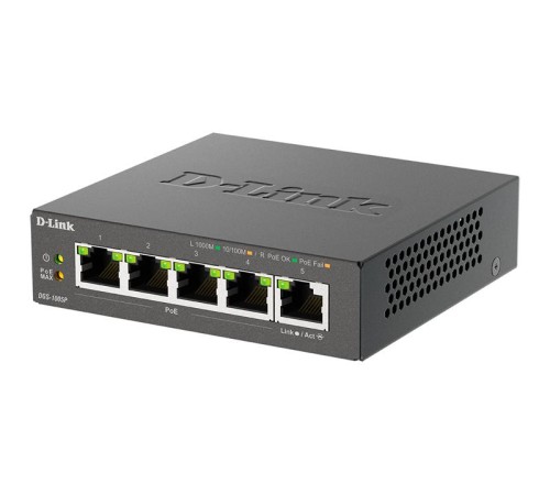 коммутатор D-Link Неуправляемый PoE-коммутатор, 5x1000Base-T (4x1000Base-T PoE), PoE-бюджет 60 Вт, корпус металл