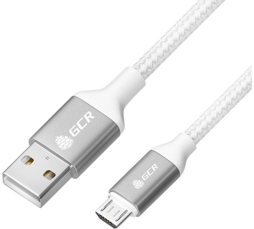 GCR QC Кабель 1.0m MicroUSB, быстрая зарядка, белый нейлон, AL корпус серебро, белый ПВХ, 28/24 AWG, GCR-52468