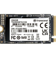 Твердотельный накопитель/ Transcend SSD MTE410S, 256GB, M.2(22x42mm), NVMe, PCIe 4x4, 3D TLC, R/W 3300/1600MB/s, IOPs 570 000/700 000, TBW 150, DWPD 0.33, DRAM-less (5 лет)
