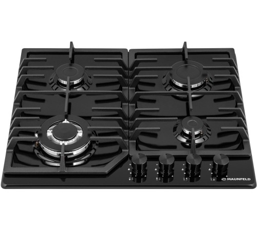 Встраиваемые газовые панели MAUNFELD/ Варочная панель, газ, 60 см, механическое управление, 4 конфорки, электроподжиг, газ-контроль, WOK-конфорка, черный