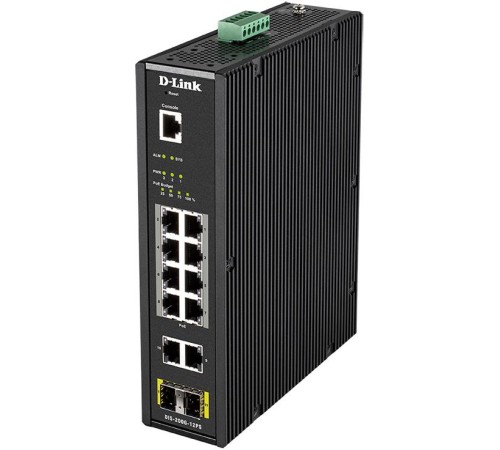 Коммутатор/ DIS-200G-12PS Managed L2 Industrial Switch 10x1000Base-T (8x1000Base-T PoE), 2x1000Base-X SFP, PoE Budget 123W, Surge 6KV, CLI, RJ45 Console, Alarm relay, Dying Gasp, DIN-Rail, metal case IP30, -40 to 65°C, w/o power adapter