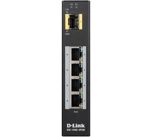 Коммутатор/ DIS-100G-5PSW Unmanaged Industrial Switch 4x1000Base-T PoE, 1x1000Base-X SFP, PoE Budget up to 120W, Surge 2KV, DIN-Rail, metal case IP30, -40 to 75°C, only DC power, w/o power supply