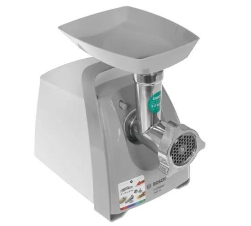 Мясорубка BOSCH/ РОЗНИЧНЫЙ ЭКСКЛЮЗИВ!! 600/1800Вт, 3 кг/мин., белый/серый фронт, реверс, отсек для хран., 3 диска, кебаб Мясорубка BOSCH/ РОЗНИЧНЫЙ ЭКСКЛЮЗИВ!! 600/1800Вт, 3 кг/мин., белый/серый фронт, реверс, отсек для хран., 3 диска, кебаб