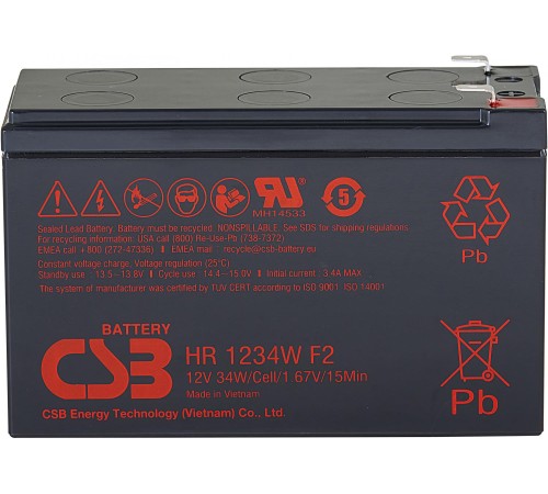 Батарея CSB серия HR, HR1234W F2, напряжение 12В, емкость 8.5Ач (разряд 20 часов), 34 Вт/Эл при 15-мин. разряде до U кон. - 1.67 В/Эл при 25 °С, макс. ток разряда (5 сек.) 130А, ток короткого замыкания 349А, макс. ток заряда 3.4A, свинцово-кислотная типа Батарея CSB серия HR, HR1234W F2, напряжение 12В, емкость 8.5Ач (разряд 20 часов), 34 Вт/Эл при 15-мин. разряде до U кон. - 1.67 В/Эл при 25 °С, макс. ток разряда (5 сек.) 130А, ток короткого замыкания 349А, макс. ток заряда 3.4A, свинцово-кислотная типа