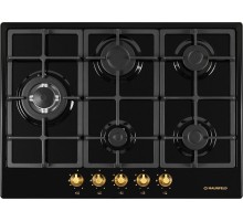 Встраиваемые газовые панели MAUNFELD/ Варочная панель, Газ, Тип: газовая 70см  Тип установки: независимая  Управление: фронтальное, переключатели поворотные, 5 конфорок, электроподжиг, газ-контроль, WOK, мощность конфорок 1000, 1700, 1700, 2600, 3800, цве