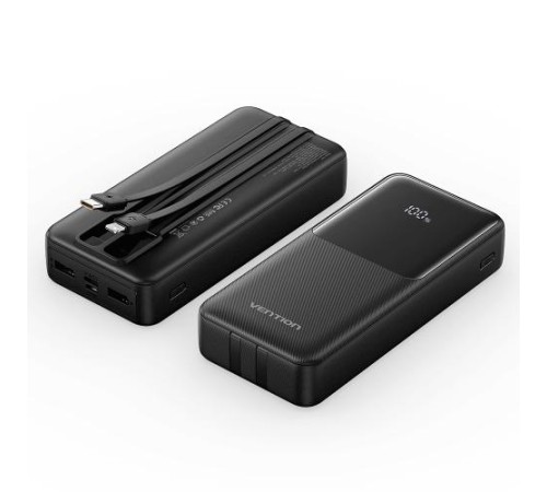Power Bank Vention 20000mAh(Micro-USB/C/A/A) со встроенными кабелями 22.5W Чёрный с LED Дисплеем, шт. Power Bank Vention 20000mAh(Micro-USB/C/A/A) со встроенными кабелями 22.5W Чёрный с LED Дисплеем, шт.