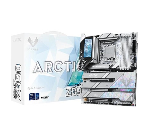 Материнская плата MAXSUN MS-iCraft Z890 ARCTIC, LGA1851, Z890, 4*DDR5, 4*SATA3, 4*M.2, USB 3.2, USB 2.0, Type-C, 4*PCIEx16, HDMI+DP, ATX