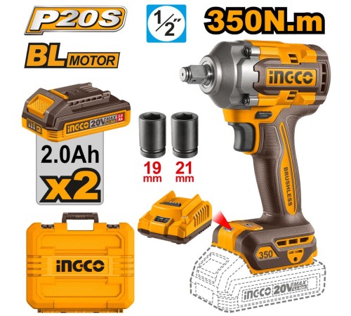Аккумуляторный ударный гайковерт BL 20В 300Hm 1/2 INGCO CIWLI2035 Аккумуляторный ударный гайковерт BL 20В 300Hm 1/2 INGCO CIWLI2035