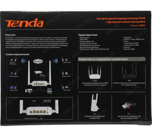 Маршрутизатор/ Tenda WiFi Router N301 (2.4GHz, WLAN 300Mbps, 802.11bgn+3xLAN RG45 10/100+1xWAN) 2x5dBi  ext Antenna
