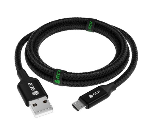 GCR QC Кабель 1.5m MicroUSB, быстрая зарядка, черный нейлон, AL корпус черный, черный ПВХ, 28/24 AWG, GCR-52476
