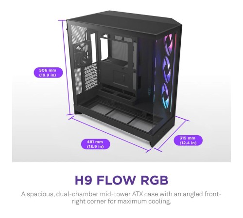Корпус без блока питания/ Case NZXT H9 Flow RGB+ (2025), Midi-Tower, TG, 6x140mm RGB + 1x120mm RGB, 2xUSB-A 3.2 + 1xUSB-C 3.2, E-ATX, ATX, mATX, mITX Black