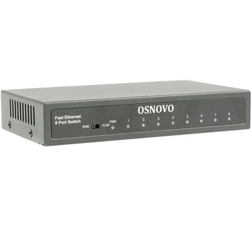 Коммутатор Fast Ethernet OSNOVO SW-10800 Неуправляемый коммутатор Fast Ethernet на 8 RJ45 портов. Порты: 8 x FE (10/100Base-TX). Изоляция портов (VLAN). Auto MDI/MDIX Встроенная грозозащита 3кВ. В комплекте БП DC12V(1A). Разм