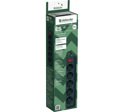 Сетевой фильтр Defender ES 1.8 1,8 м, черный, 5 розеток/ Surge Protector Defender ES 1.8 1,8m, black, 5 outlets Сетевой фильтр Defender ES 1.8 1,8 м, черный, 5 розеток/ Surge Protector Defender ES 1.8 1,8m, black, 5 outlets
