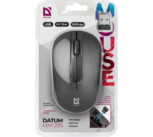 Беспроводная оптическая мышь Defender 52285 Datum MM-285 черный,3 кнопки,1600 dpi Беспроводная оптическая мышь Defender 52285 Datum MM-285 черный,3 кнопки,1600 dpi