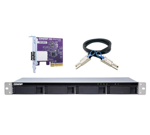 Полка расширения сетевого хранилища без дисков/ SMB QNAP TL-R400S SATA 6GB/s JBOD storage enclosure, 4-tray 3,5"/2,5" w/o HDD, 1 x SFF-8088, 1 PSU. Rackmount. W/o rail kit RAIL-B02