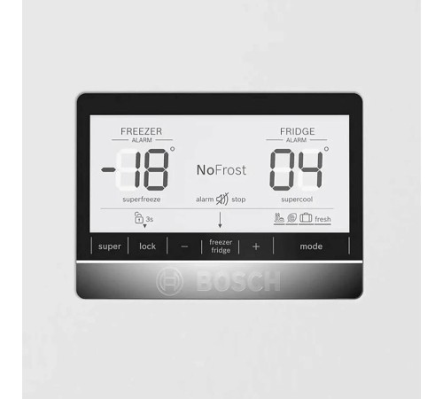 Холодильник BOSCH Full NoFrost, Serie   6, Габариты 186x86x81, Общий пол. объем: 619 (х:479, м:140),белый, Цифровой LCD дисплей, Внешние высокие металлические ручки, Multi Airflow, AirFresh Filter, Верхнее LED освещение, Два отделения для молочных продукт