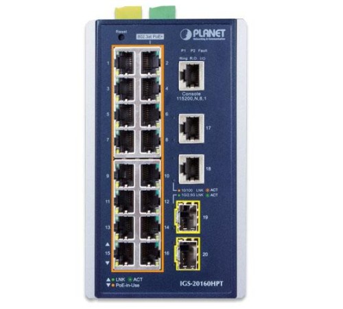 коммутатор/ PLANET IP30 Industrial L2+/L4 16-Port 1000T 802.3at PoE+ 2-Port 1000T + 2-port 100/1000X SFP Full Managed Switch (-40 to 75 C, dual redundant power input on 48~56VDC terminal block, DIDO, ERPS Ring Supported, 1588)