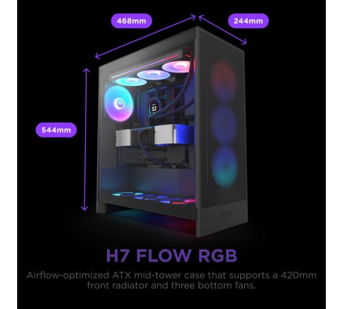 Корпус без блока питания/ Case NZXT H7 Flow RGB, Midi-Tower, TG, 3x120mm RGB, 2xUSB-A 3.2 + 1xUSB-C 3.2, E-ATX, ATX, mATX, mITX Black