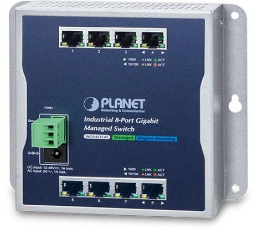 WGS-4215-8T индустриальный коммутатор/ IP30, IPv6/IPv4, 8-Port 1000TP Wall-mount Managed Ethernet Switch (-40 to 75 C), dual redundant power input on 12-48VDC / 24VAC terminal block and power jack, SNMPv3, 802.1Q VLAN, IGMP Snooping, SSL, SSH, ACL WGS-4215-8T индустриальный коммутатор/ IP30, IPv6/IPv4, 8-Port 1000TP Wall-mount Managed Ethernet Switch (-40 to 75 C), dual redundant power input on 12-48VDC / 24VAC terminal block and power jack, SNMPv3, 802.1Q VLAN, IGMP Snooping, SSL, SSH, ACL