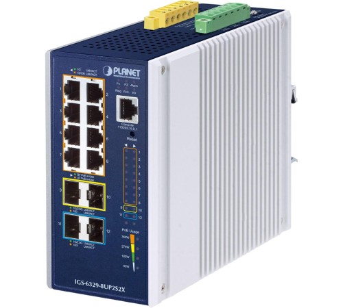 коммутатор/ PLANET IGS-6329-8UP2S2X IP30 DIN-rail Industrial L3 8-Port 10/100/1000T 802.3bt PoE + 2-port 1G/2.5G SFP + 2-Port 10G SFP+ Full Managed Switch (-40 to 75 C, 8-port 95W PoE++, 802.3bt/PoH/Force modes, DIDO, ERPS Ring, 1588 PTP TC, Modbus TCP, O