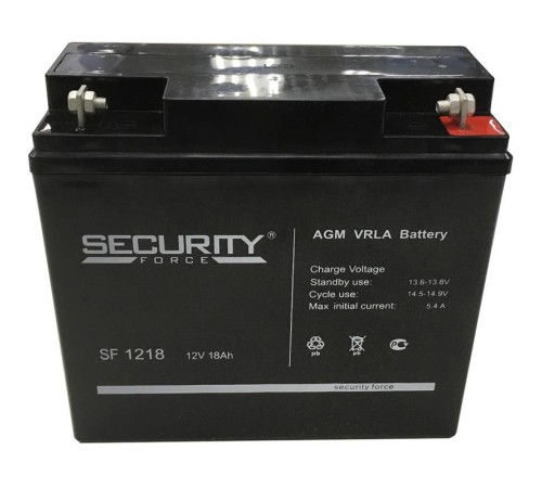 Батарея SECURITY FORCE серия SF, SF 1218, напряжение 12В, емкость 18Ач (разряд 20 часов),  макс. ток разряда (5 сек.) 30А, макс. ток заряда 5.4А, свинцово-кислотная типа AGM, клеммы под гайку и болт M6, ДxШxВ 181х77х167мм., вес кг., срок службы 3-5 лет./