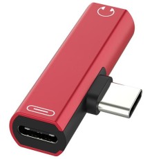 GCR Переходник USB Type C > 3.5mm mini jack + TypeC, красный, GCR-UC2AUX