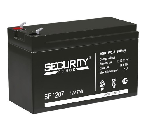 Батарея SECURITY FORCE серия SF, SF 1207, напряжение 12В, емкость 7Ач (разряд 20 часов), макс. ток разряда (5 сек.) 60А, макс. ток заряда 2.1А, свинцово-кислотная типа AGM, клеммы F1, ДxШxВ 151х65х95мм., вес кг., срок службы 3-5 лет./ Battery SECURITY FO Батарея SECURITY FORCE серия SF, SF 1207, напряжение 12В, емкость 7Ач (разряд 20 часов), макс. ток разряда (5 сек.) 60А, макс. ток заряда 2.1А, свинцово-кислотная типа AGM, клеммы F1, ДxШxВ 151х65х95мм., вес кг., срок службы 3-5 лет./ Battery SECURITY FO