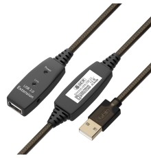 GCR Удлинитель активный 15.0m USB 2.0 AM/AF, GOLD, черно-прозрачный, с 2-мя усилителями сигнала Premium,разъём для доп.питания, 24/22 AWG