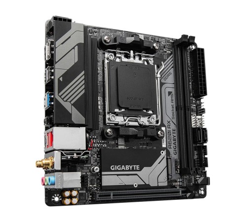 Материнская плата/ MB GIGABYTE AMD A620 sAM5, 2xDDR5(96GB), HDMI 2.1/DP, 1xPCIe 4.0x16, 1xLAN (2.5GbE), Wi-Fi, BT, 2xSATA 6Gb/s, 1xM.2, 1xUSB-C, 2xUSB 3.2, 3xUSB 2.0, mini ITX Материнская плата/ MB GIGABYTE AMD A620 sAM5, 2xDDR5(96GB), HDMI 2.1/DP, 1xPCIe 4.0x16, 1xLAN (2.5GbE), Wi-Fi, BT, 2xSATA 6Gb/s, 1xM.2, 1xUSB-C, 2xUSB 3.2, 3xUSB 2.0, mini ITX