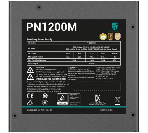 Блок питания Deepcool GAMERSTORM PN1200M (ATX 3.1, 1200W, Full Cable Management, PWM 135mm fan, Active PFC, 80+ GOLD, Active PFC + Full Bridge SRC LLC + DC/DC, Gen5 PCIe) RET Блок питания Deepcool GAMERSTORM PN1200M (ATX 3.1, 1200W, Full Cable Management, PWM 135mm fan, Active PFC, 80+ GOLD, Active PFC + Full Bridge SRC LLC + DC/DC, Gen5 PCIe) RET