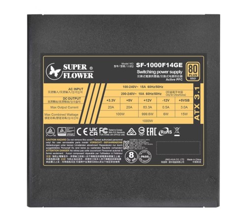 Блок питания 1000 Ватт/ Power Supply Super Flower Leadex III Gold, 1000W, ATX 3.1, 140mm, 8xSATA, 4xPCI-E(6+2), 1x12VHPWR(12+4), APFC, 80+ Gold, Full Modular Блок питания 1000 Ватт/ Power Supply Super Flower Leadex III Gold, 1000W, ATX 3.1, 140mm, 8xSATA, 4xPCI-E(6+2), 1x12VHPWR(12+4), APFC, 80+ Gold, Full Modular
