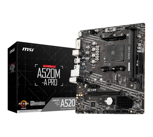 Материнская плата/ MB MSI AMD A520 sAM4, 2xDDR4(64GB), DVI-D/HDMI 2.1, 1xPCIe 3.0x16, 1xPCIe 3.0, 1xLAN, 4xSATA 6Gb/s, 1xM.2, 4xUSB 3.2, 2xUSB 2.0, 1xPS/2, mATX Материнская плата/ MB MSI AMD A520 sAM4, 2xDDR4(64GB), DVI-D/HDMI 2.1, 1xPCIe 3.0x16, 1xPCIe 3.0, 1xLAN, 4xSATA 6Gb/s, 1xM.2, 4xUSB 3.2, 2xUSB 2.0, 1xPS/2, mATX