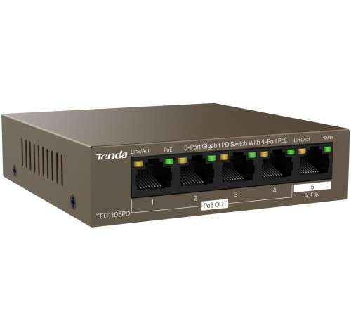 Коммутатор/ Tenda TEG1105PD 5-Port Gigabit PD Switch With 4-Port PoE