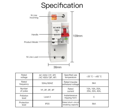 Выключатель автоматический MOES Zigbee circuit breaker 1P 16A Выключатель автоматический MOES Zigbee circuit breaker 1P 16A