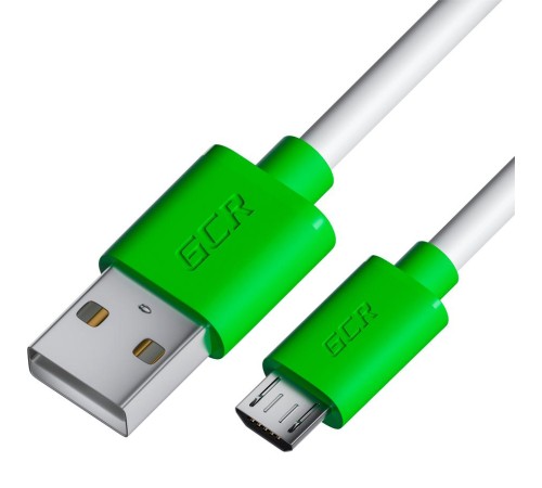 GCR Кабель 0.5m MicroUSB, белый, зеленые коннекторы, быстрая зарядка, 28/24 AWG, GCR-53225